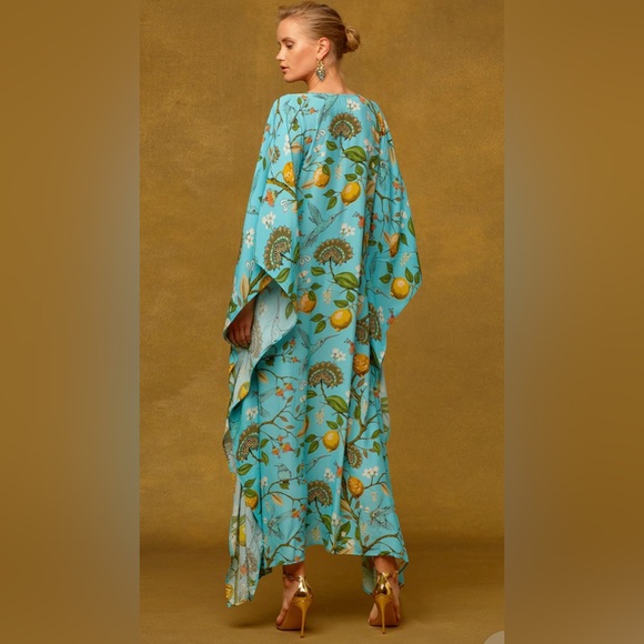 Turquoise Floral Maxi Dress with Lemon Print - Picture 2 of 5